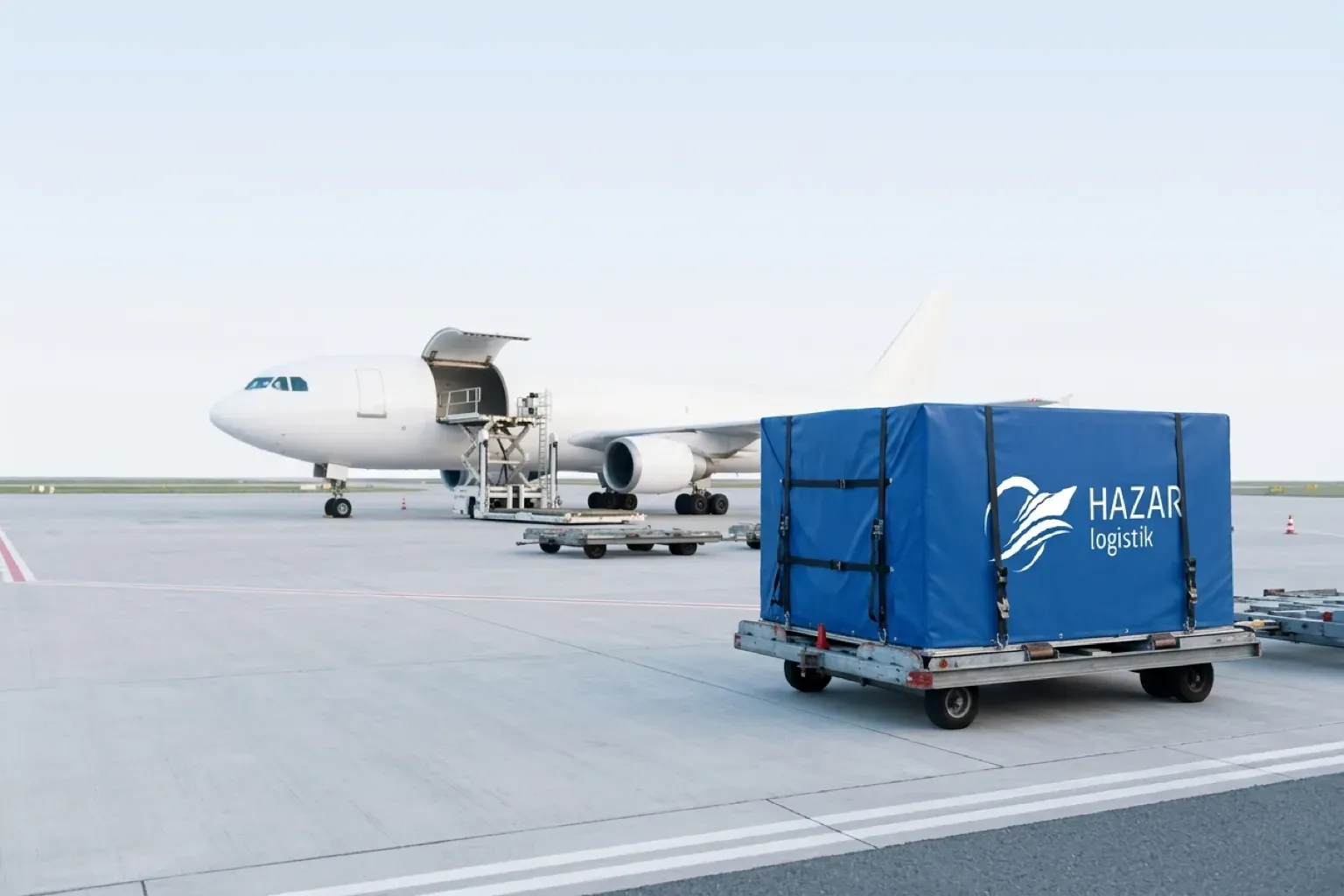 A Hazar Logistik air cargo pallet being loaded into a freighter aircraft