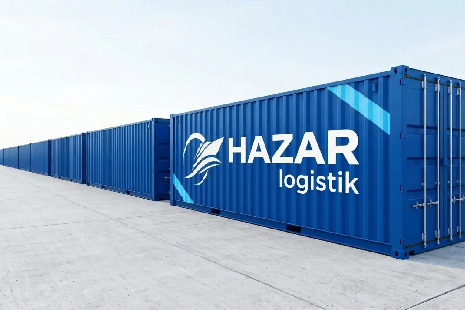 A row of cobalt blue Hazar Logistik containers on a terminal apron