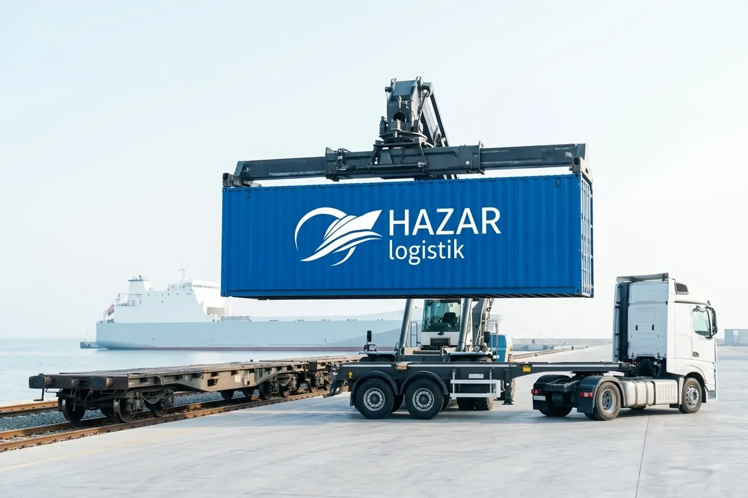 A Hazar Logistik container lifted between a rail wagon and a truck at a Caspian port