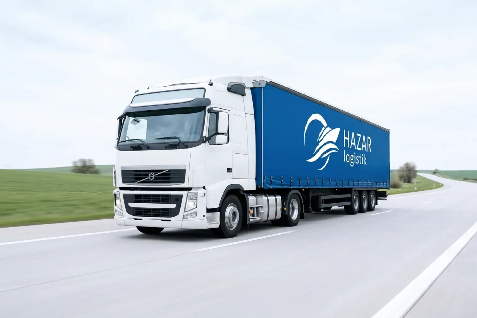 A Hazar Logistik truck and trailer on a motorway