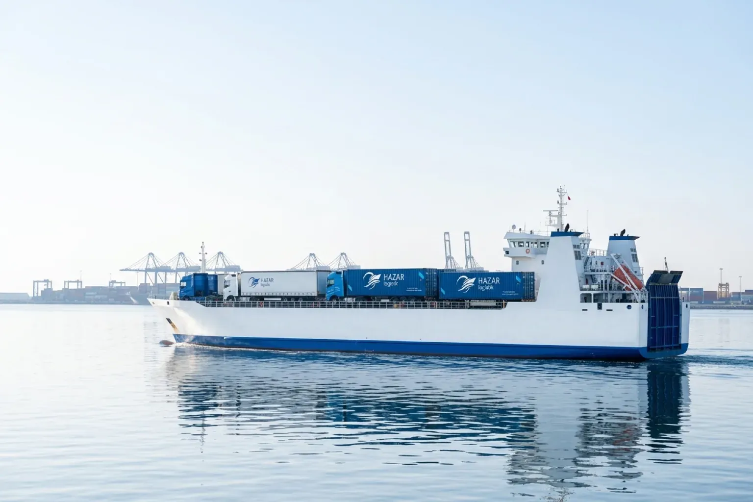 A ro-ro ferry with Hazar Logistik containers on deck on the Caspian